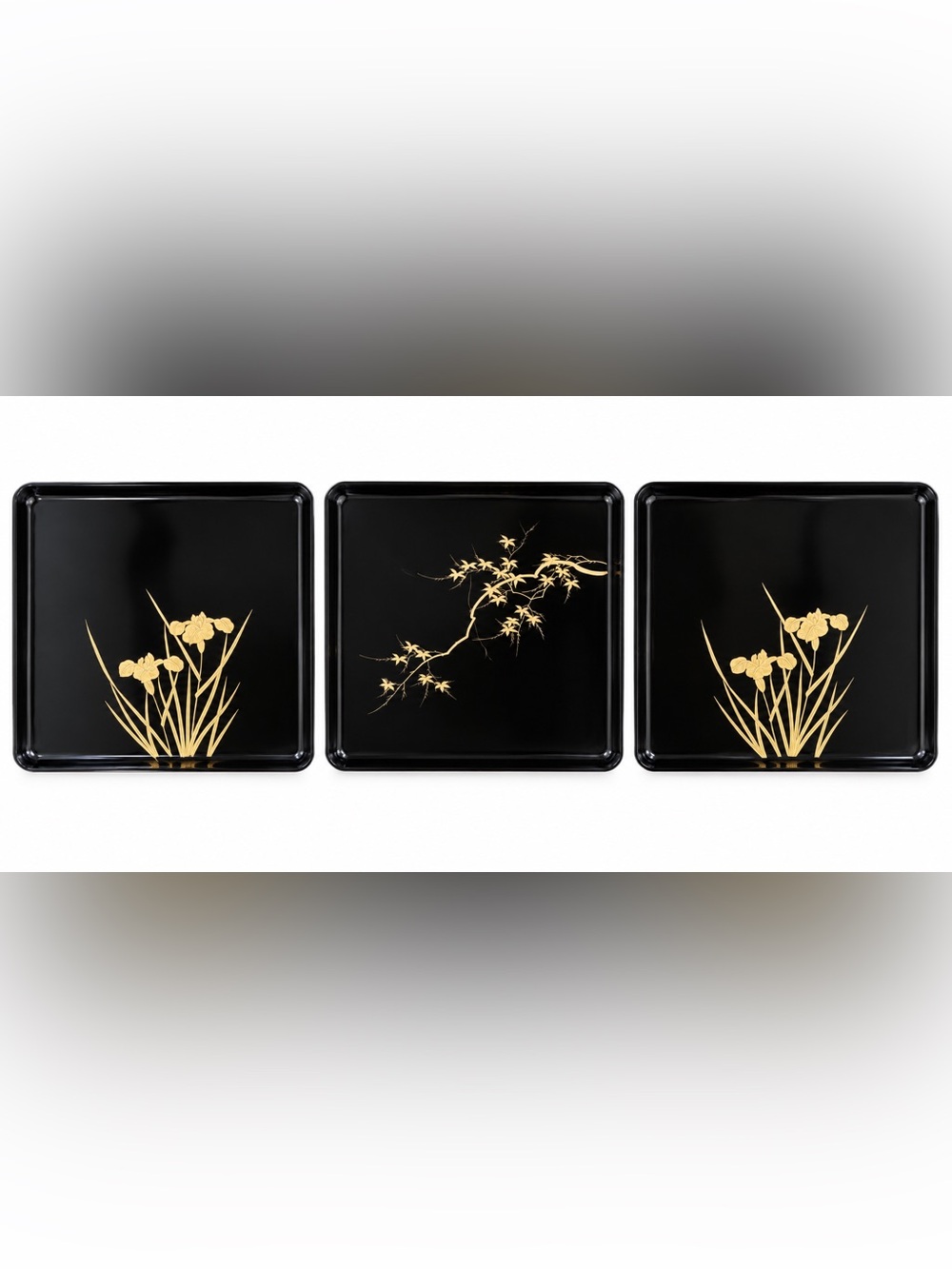 Vintage Japanese Lacquerware Trays Gold Botanical Wall Art Set of 3 14”